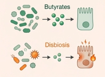 Comparativa de niveles de butirato en estados de eubiosis vs disbiosis intestinal.