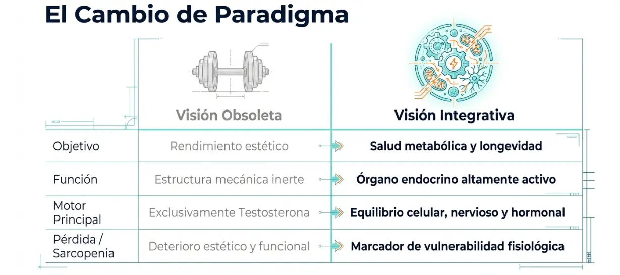 Evolución del paradigma médico: de rendimiento estético a salud metabólica y longevidad muscular.
