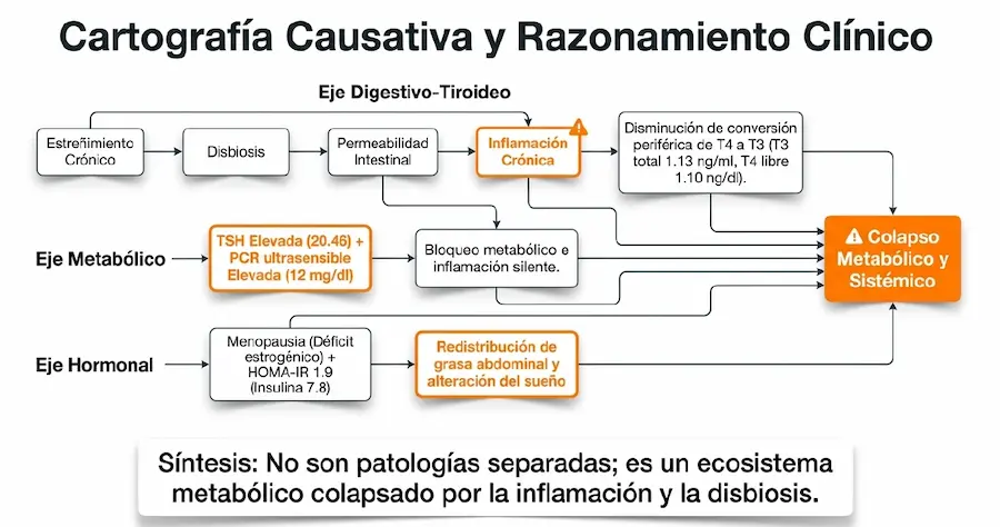 Flujograma de razonamiento clínico integrando ejes digestivo, metabólico y hormonal.
