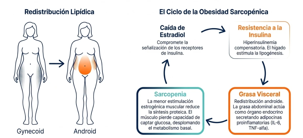 Ciclo de obesidad sarcopénica y redistribución grasa en la menopausia