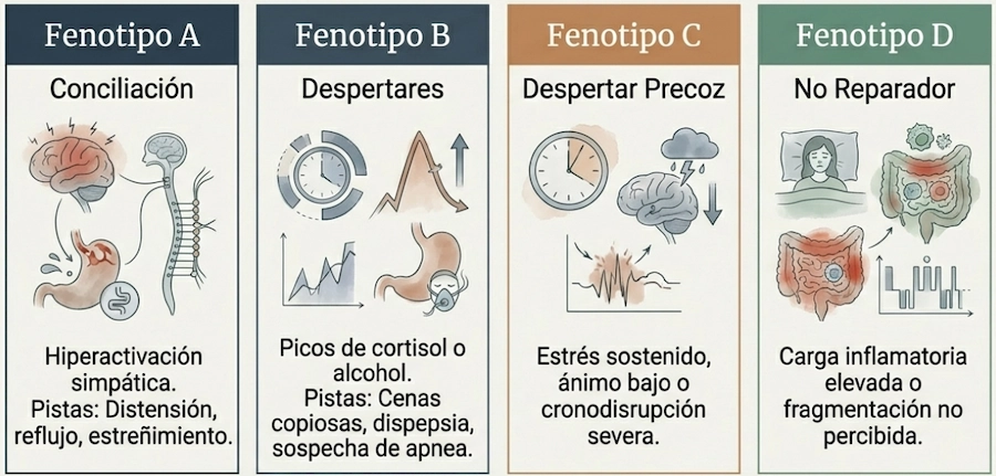Fenotipos clínicos del insomnio: conciliación, despertares, precoz y no reparador.