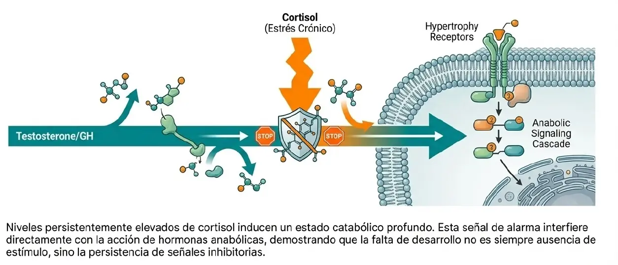 Impacto del cortisol crónico: bloqueo de la cascada de señalización anabólica y estado catabólico profundo.