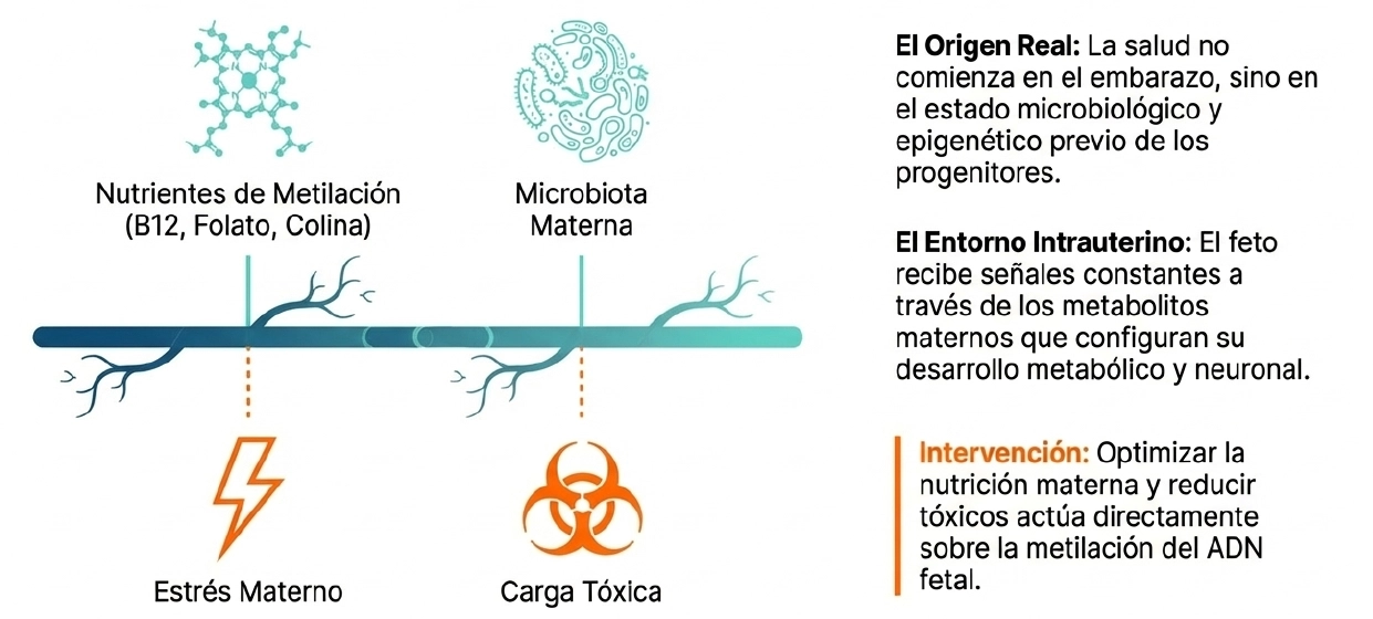 Infografía sobre programación fetal y ambiente intrauterino como predictor de salud metabólica adulta.