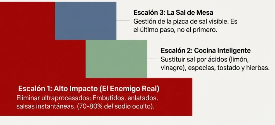 Pirámide de impacto del sodio: ultraprocesados vs sal de mesa.