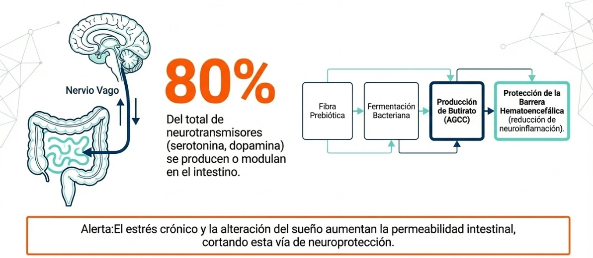 Fibra prebiótica, butirato y eje intestino-cerebro en el envejecimiento