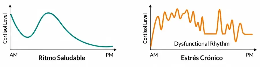Gráfico de niveles de cortisol: ritmo circadiano saludable frente a estrés crónico.