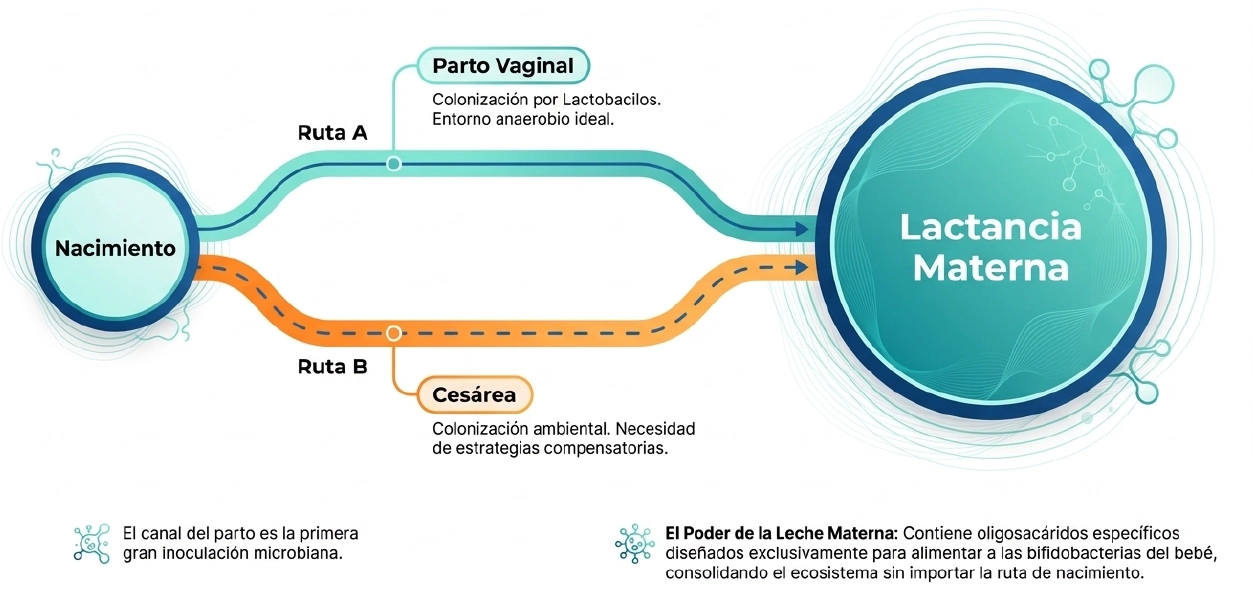 Comparativa de colonización microbiana entre parto vaginal y cesárea en recién nacidos.