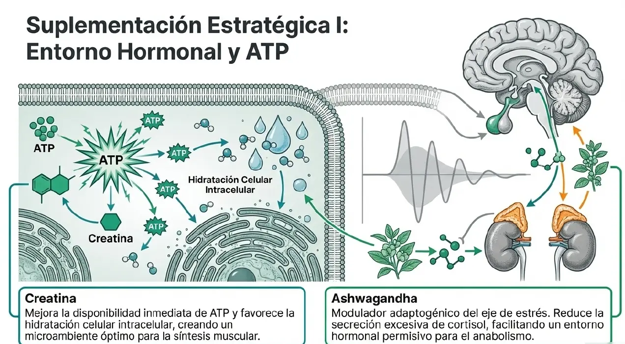 Beneficios de Creatina y Ashwagandha en el entorno hormonal y la disponibilidad de ATP muscular.