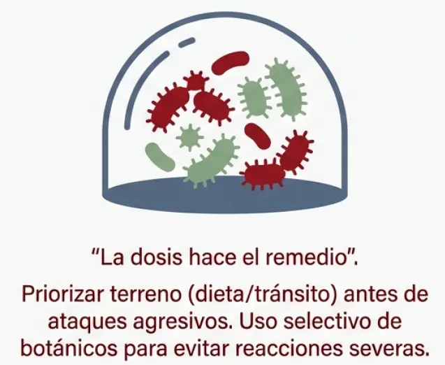 Principio de dosificación en botánicos para evitar reacciones adversas en el tratamiento de disbiosis.