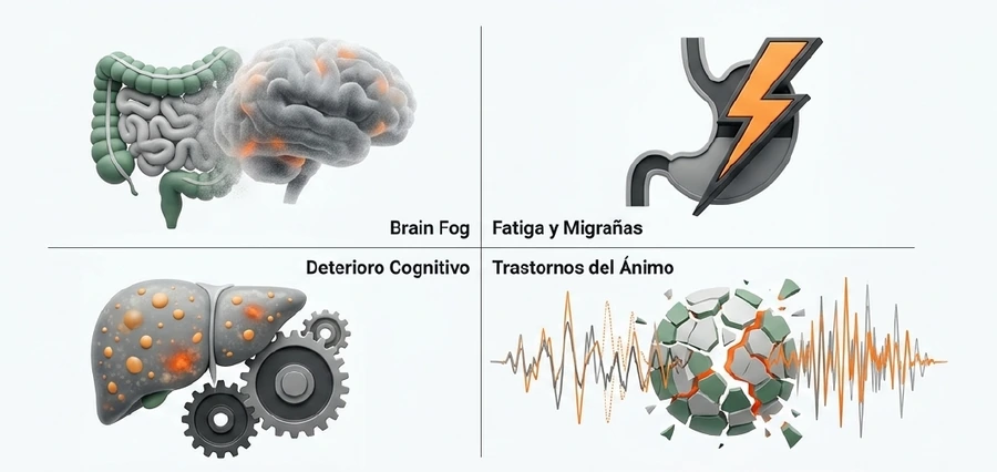 Gráfico visual que muestra escalas óptimas/normales/bajas para Zonulina, Calprotectina, LPS y Metabolómica